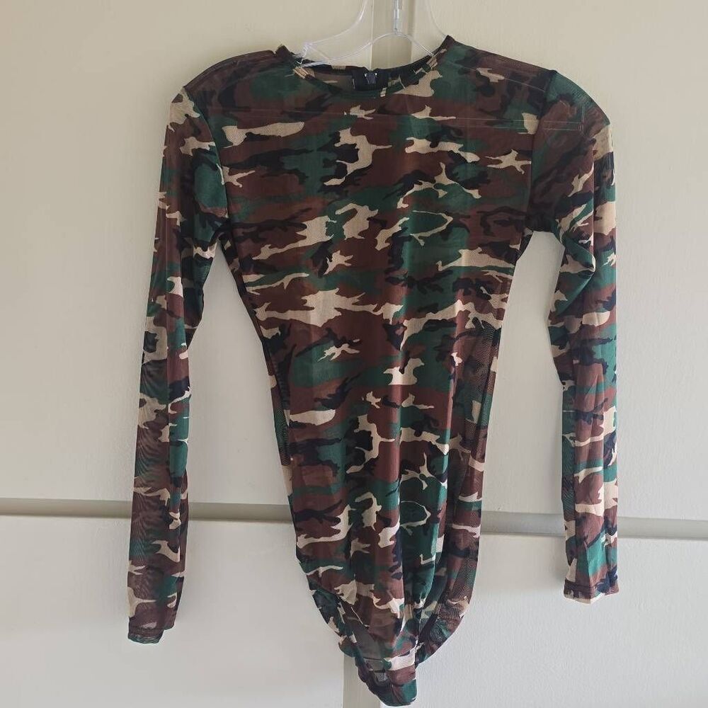 Forplay Camouflage L/S Zip Back Bodysuit, Grn/Brn/Blk, NWT, XS/S
